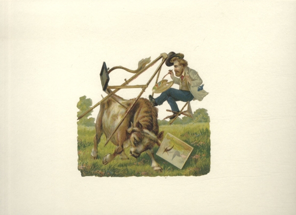 Oblate Stier rennt in Staffelei eines Künstlers, Größe ca. 12 x 13 cm