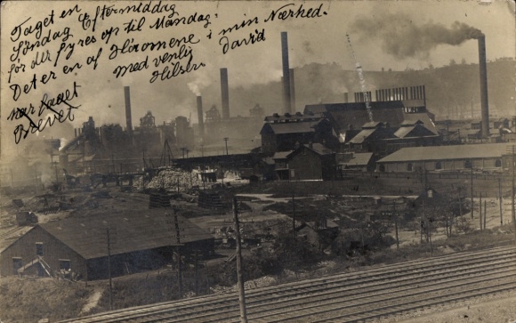 Ak Pittsburg Kansas USA, industriële installatie, rookwolken, spoorrails, tekst in het Deens