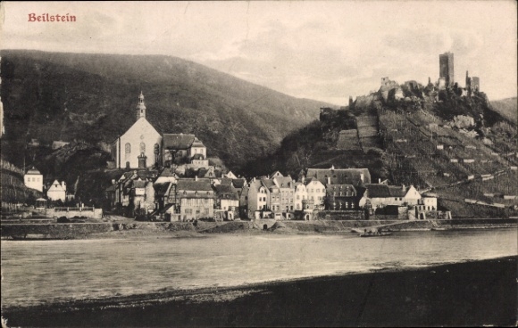 Postcard Beilstein on the Moselle, river landscape, church, castle ruins, vineyards