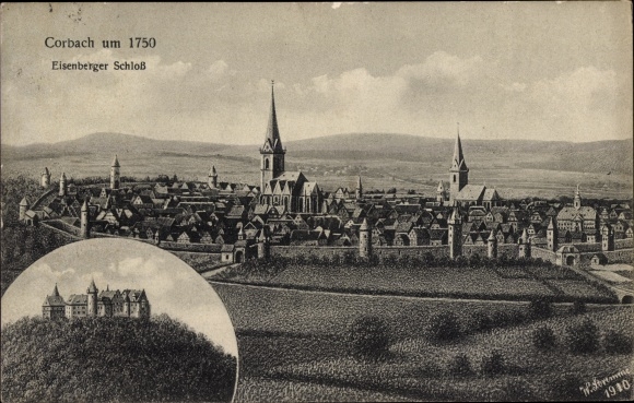 Postcard Korbach in Hessen, Panorama, Eisenberg Castle around 1750