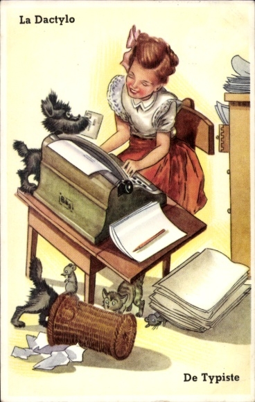 Postcard woman at the typewriter, dog, cat, mice