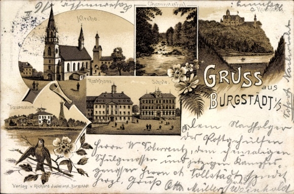 Litho Burgstädt in Sachsen, Kirche, Taurastein, Schule