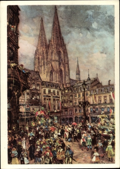 Postal stationery artist PC Köln am Rhein, carnival, parade, cathedral