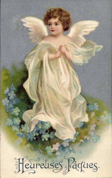 Embossed PC congratulations Easter, angel, forget-me-not