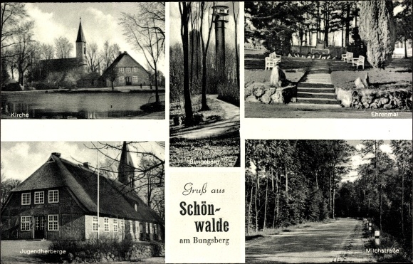 Postcard Schönwalde am Bungsberg in Ostholstein, church, memorial, Milky Way, youth hostel