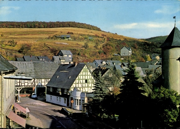 Postcard Daaden in the Westerwald, partial view, tower, half-timbered building