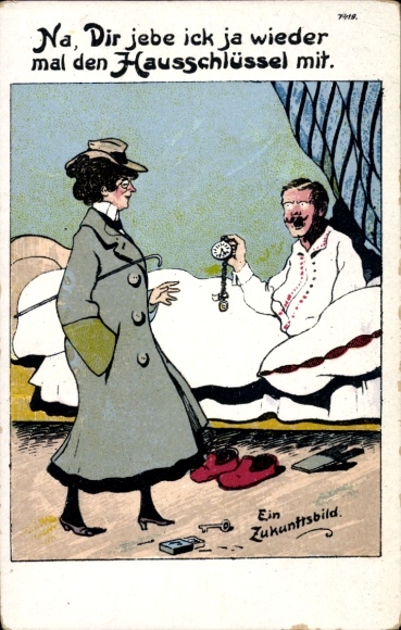 Postcard Well, I'll give you the house key again, picture of the future, woman goes out, man in bed