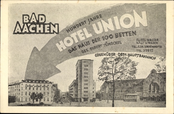 Postcard Aachen in North Rhine-Westphalia, Union Hotel, main station, house border guard