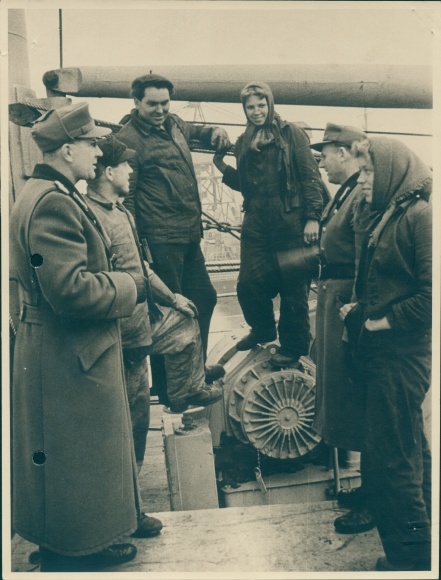 Photo Men in uniforms and workers on a ship, People&#39;s Police, GDR