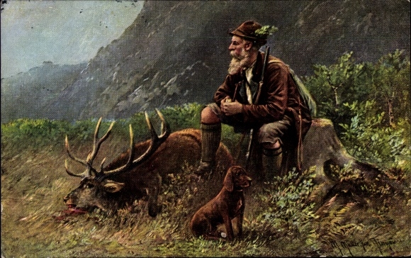Artist Postcard Müller, M., Hunter with killed deer, hunting