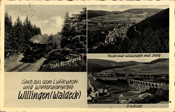 Postcard Bad Willingen, view of the town, viaduct, train
