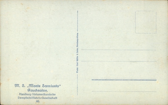 Postcard HSDG steamer Monte Sarmiento, twin-screw motor ship, smoking room