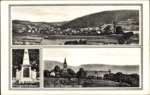 Postcard Zella Dermbach in the Rhön Thuringia, war memorial, church, provost castle