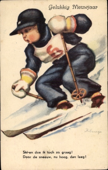 Artist Postcard Happy New Year, boy skiing, number 6