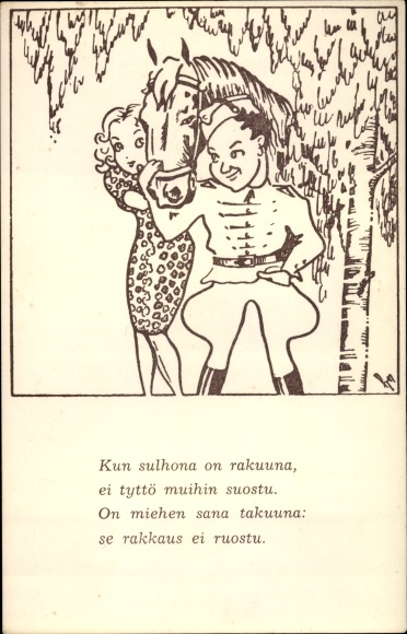 Artist Postcard Kun sulhoma on rakuuna, Finnish soldier with horse and woman