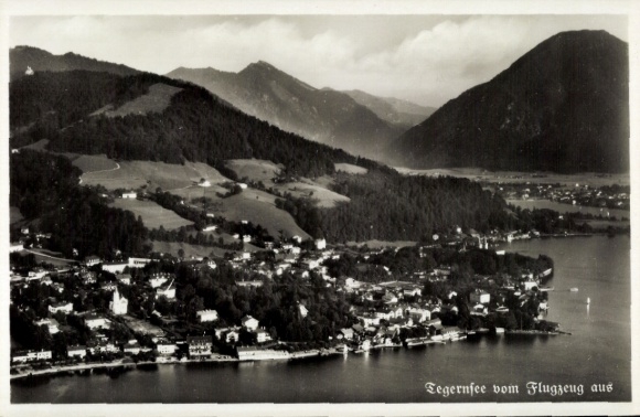 Postcard Tegernsee in Upper Bavaria, aerial view of Lake Tegernsee, mountains, clouds, village view