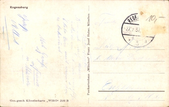 Artist Postcard Regensburg on the Danube Upper Palatinate, total view of the city