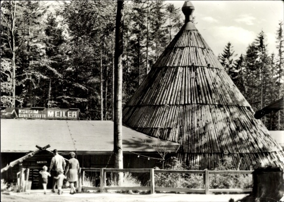 Postcard Sosa Eibenstock in the Ore Mountains, Konsum restaurant 'Meiler', wooden tower, forest, walkers