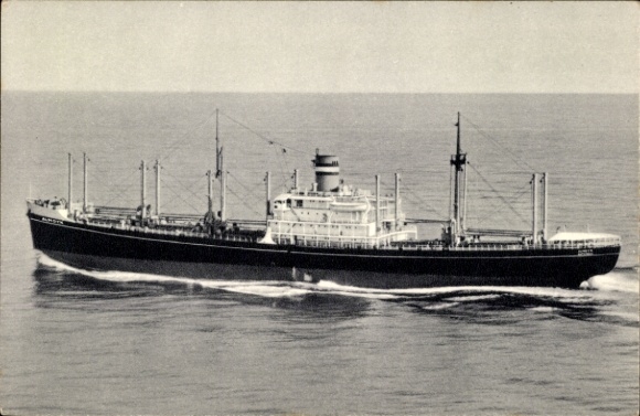 Postcard steamer SS Almdyk, Holland America Line, HAL, cargo ship in motion