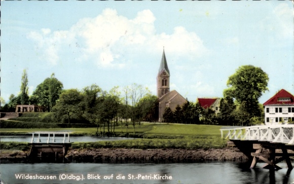 Postcard Wildeshausen in Oldenburg, view of St. Peter's Church, landscape with trees and water...