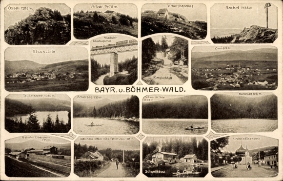 Ak Zwiesel im Bayerischen Wald, Eisenstein, Rechel, Kirche, Bayerischer und Böhmer Wald