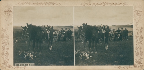 Stereo cabinet photo Schalfender Ulan, carriage of the captive balloon, German soldiers in the Empire