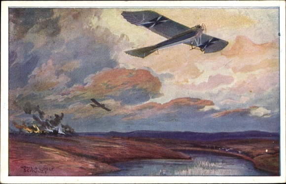 Artist PC Schulze, Hans Rudolf, military pigeon on reconnaissance flight at the Masurian lakes, I. WW