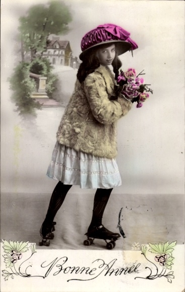 Postcard Happy New Year, girl roller-skating, flowers