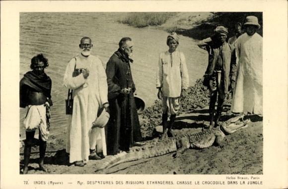 Postcard Mysore Indian, Despatures des Missions Etrangeres, hunting crocodile in the jungle