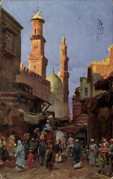 Artysta KP Wuttke, Kair Kair Egipt, scena uliczna, minaret, miejscowi