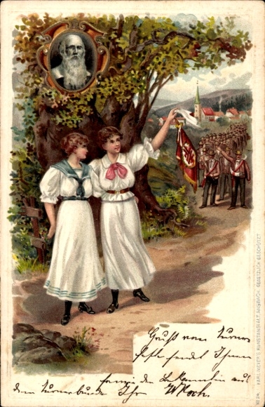 Reliëf litho gymnastiekfestival, gymnasten in de optocht, gymnastiekvader Jahn, afscheid