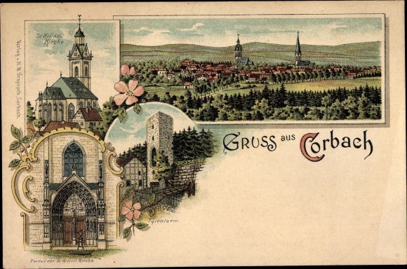 Chromo-Litho Korbach in Hesse, panorama, St. Kilian church, portal, tower