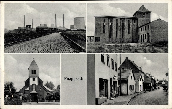 Ak Knappsack Hürth Noordrijn-Westfalen, kerk, fabriek, straatgedeelte, winkel