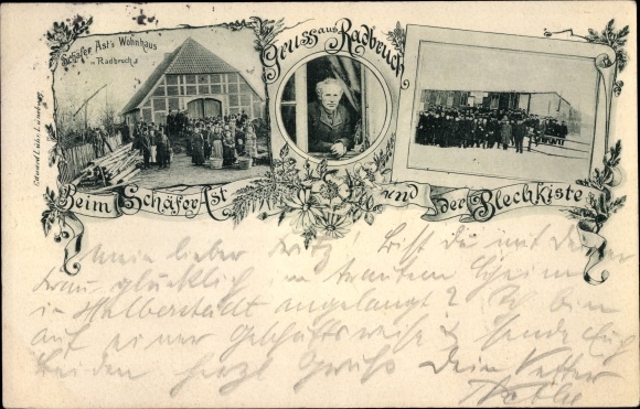 Postcard Radbruch Lower Saxony, Schäfer Ast&#39;s house, portrait at the window, tin box, group picture
