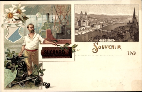 Chromo-Litho Zurich City Switzerland, Blacksmith, Chocolat Suchard Advertisement