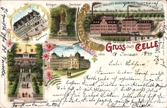 Chromo-Litho Celle in Lower Saxony, town hall, castle, monument, Berggarten, food factory