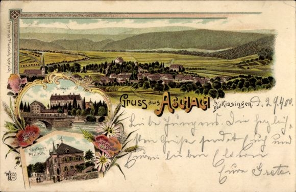 Chromo-Litho Aschach Bad Bocklet in Lower Franconia, castle, total view