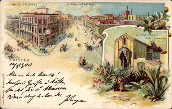 Litho Brindisi Puglia, Hotel d'Europe, Corso Umberto I, Chiesa