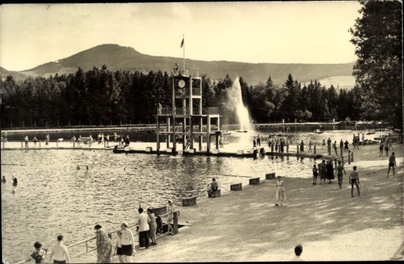Großschönau in Upper Lusatia, Saxony, forest beach with Lausche, leisure pool, people at...