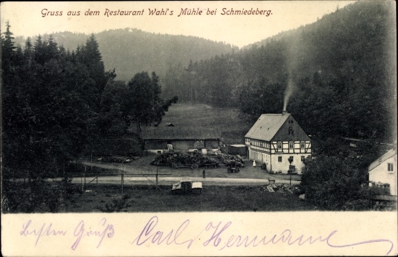 Postcard Schmiedeberg in the Ore Mountains, view of Restaurant Wahls Mühle