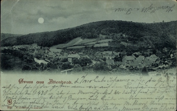PC Altenbrak Thale in the Harz Mountains, panoramic view of mountain landscape, houses, text in German