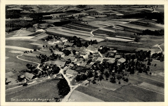 Postcard Seiboldsdorf Traunstein in Upper Bavaria, aerial view of Seiboldsried, rural landscape, vi
