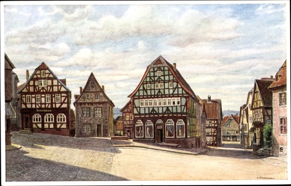 Artist Postcard Lauterbach an der Lauter Vogelsbergkreis, square, half-timbered houses