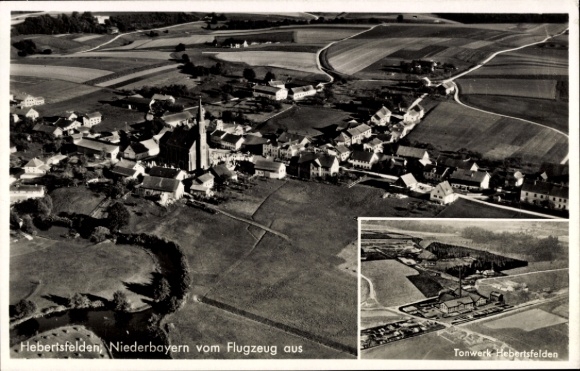 Postcard Hebertsfelden Lower Bavaria, aerial view of idyllic landscape, clay factory visible
