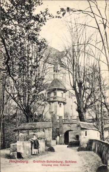 Postcard Rochsburg Lunzenau in Saxony, castle entrance to the castle, trees, architecture