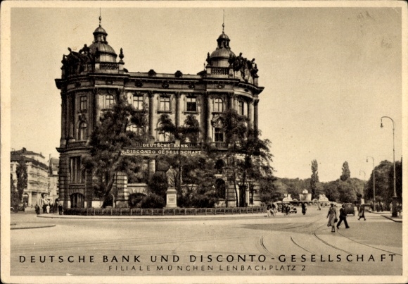 Postcard Munich, Deutsche Bank and Disconto Gesellschaft, branch Lenbachplatz 2