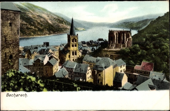 Postcard Bacharach am Rhein, partial view with church