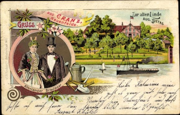 Chromo-Litho Hamburg Harburg Cranz Neuenfelde, Gasthaus Zur alten Linde, Altenländer bride and groom