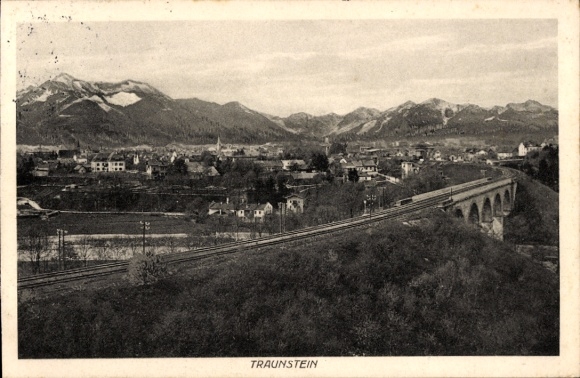 Postcard Traunstein in Upper Bavaria, view of the city, viaduct, mountain landscape, r style
