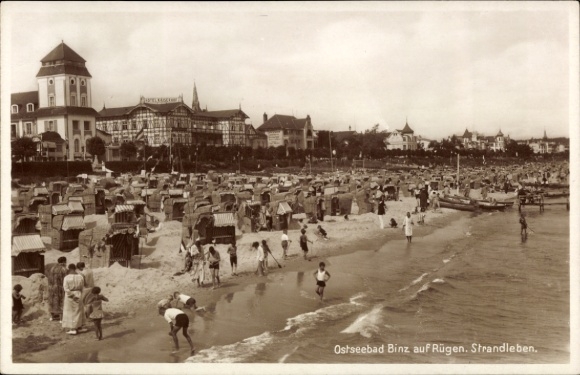 Postcard Seebad Binz on Rügen, Baltic Sea resort beach life, many parasols, people on the beach